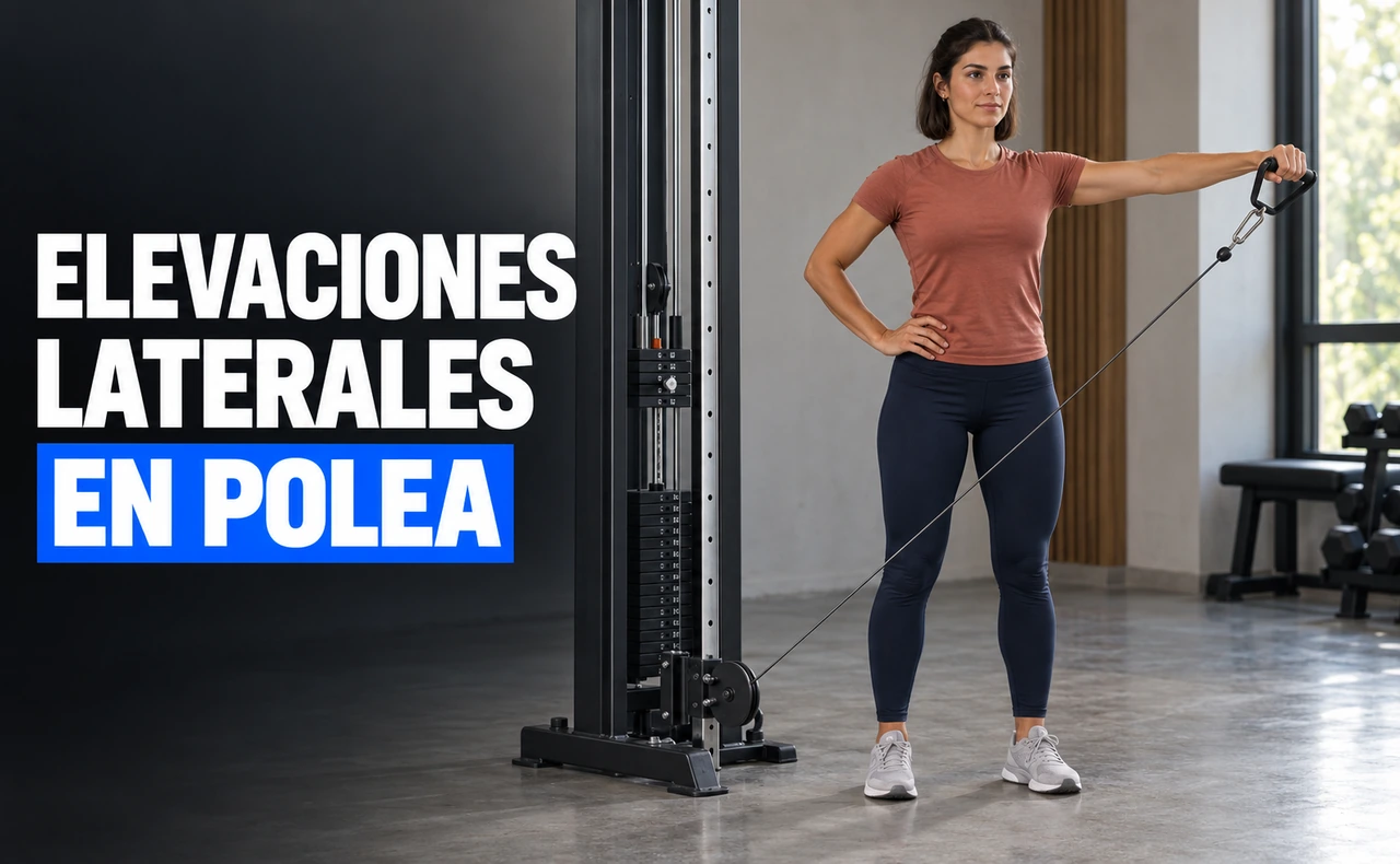 Deportista joven realizando una elevación lateral unilateral con un cable unido a una polea baja, junto al titular «Elevaciones laterales en polea».