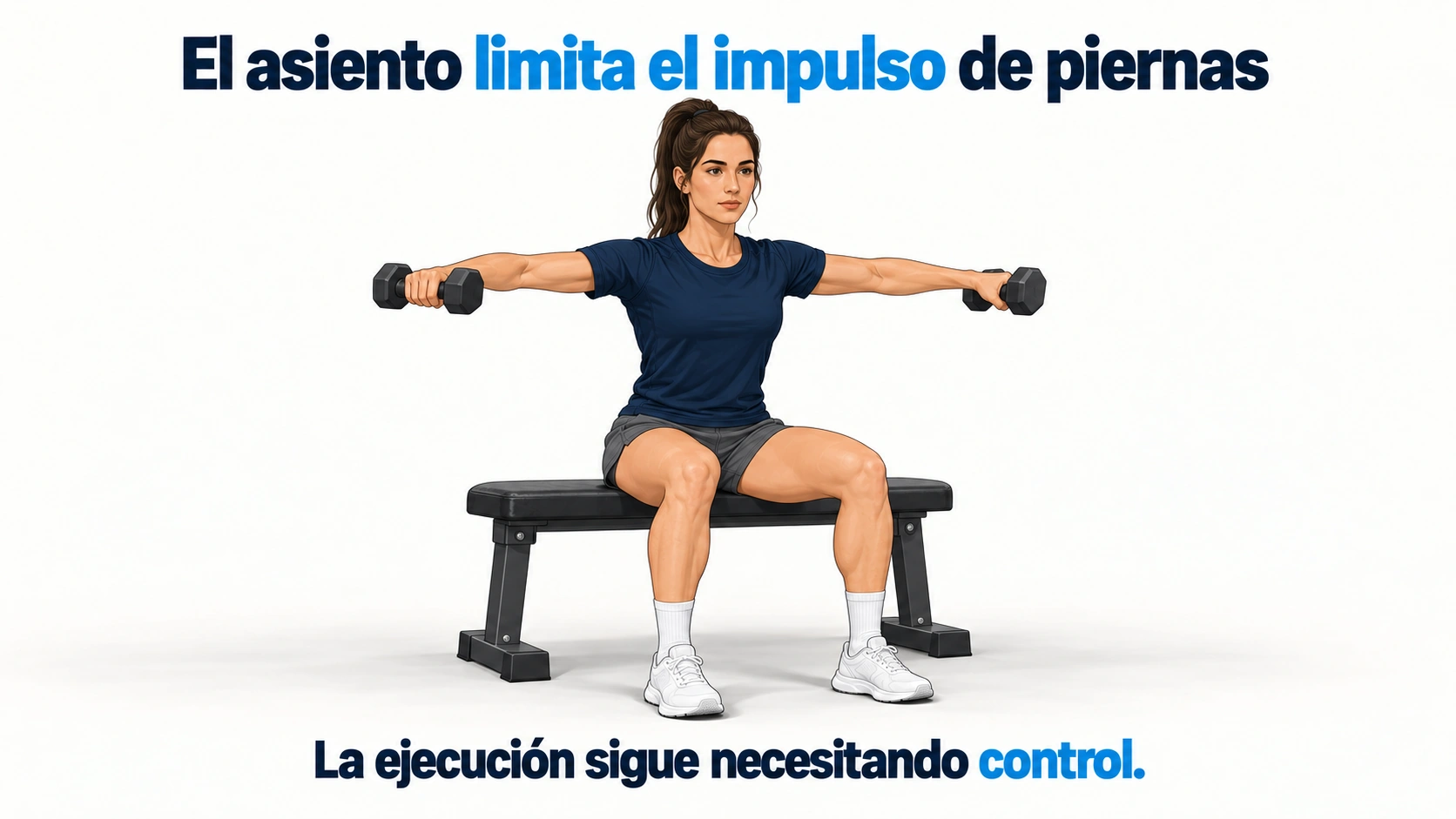 Elevación lateral sentada con pelvis y pies apoyados para limitar impulso de piernas