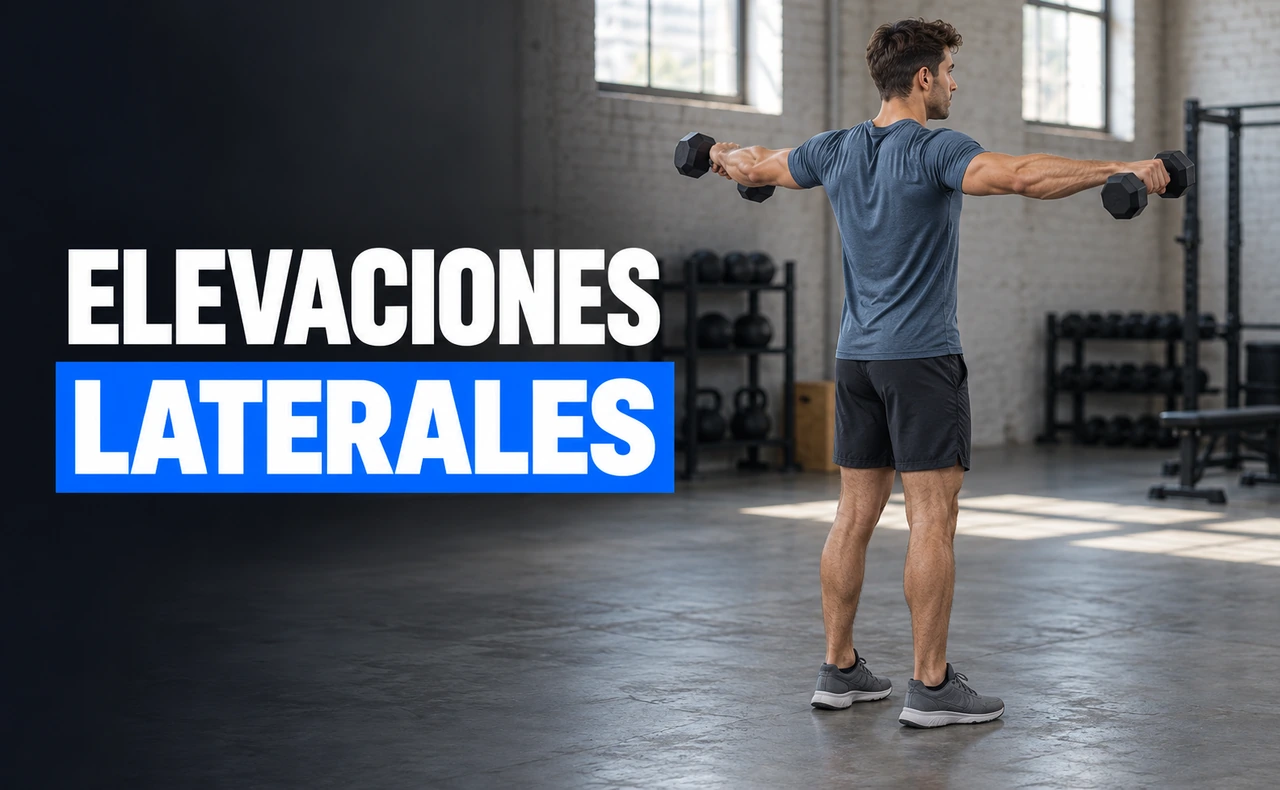 Deportista joven visto desde atrás realizando elevaciones laterales con dos mancuernas, junto al titular «Elevaciones laterales».