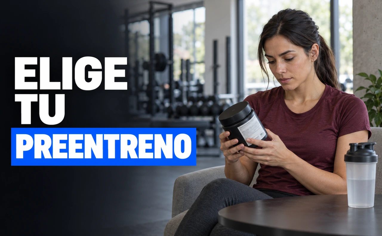 Deportista joven revisando un envase de suplemento junto a un shaker cerrado en un gimnasio, con el titular «Elige tu preentreno».
