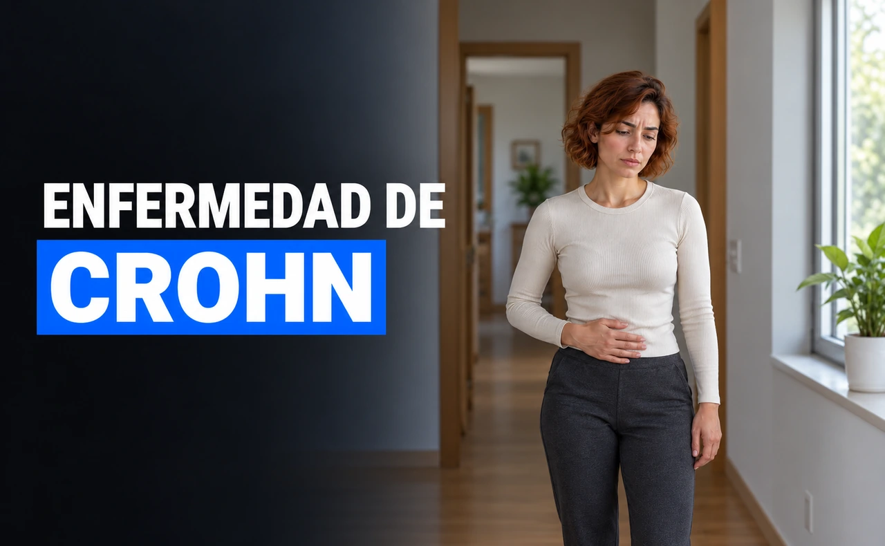 Mujer joven de pie con una mano sobre la parte inferior del abdomen, junto al titular «Enfermedad de Crohn».