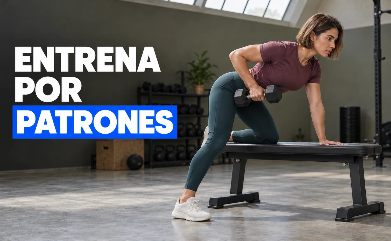 Deportista joven realizando un remo con mancuerna con una mano y una rodilla apoyadas en un banco, con el titular «Entrena por patrones».