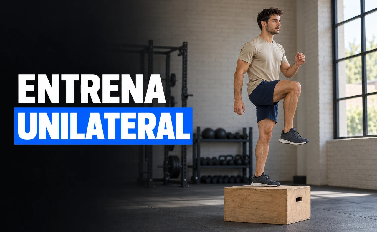 Deportista joven sobre una caja de entrenamiento, apoyado en una sola pierna y con la otra rodilla elevada, con el titular «Entrena unilateral».