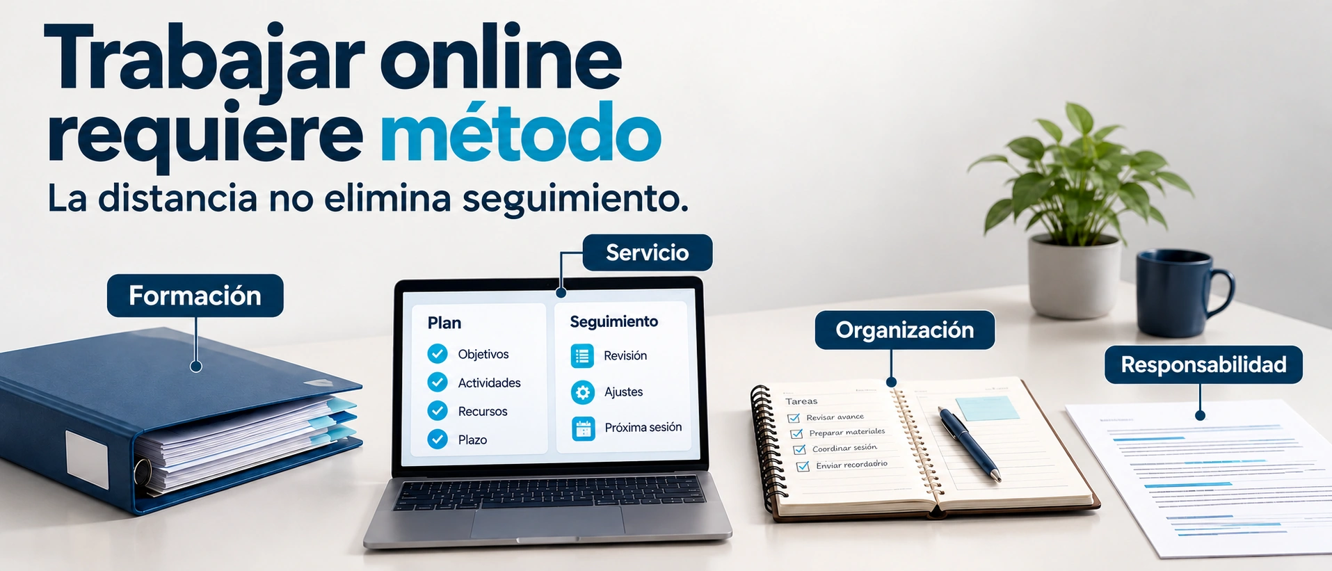 Formación, servicio, organización y responsabilidad sostienen el trabajo del entrenador online.