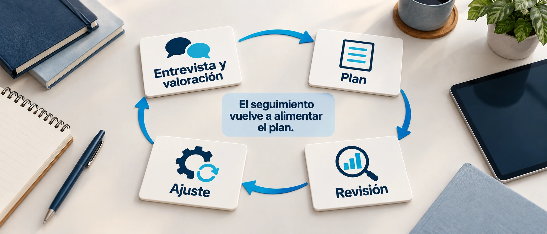 El seguimiento online conecta entrevista y valoración, planificación, revisión y ajuste.
