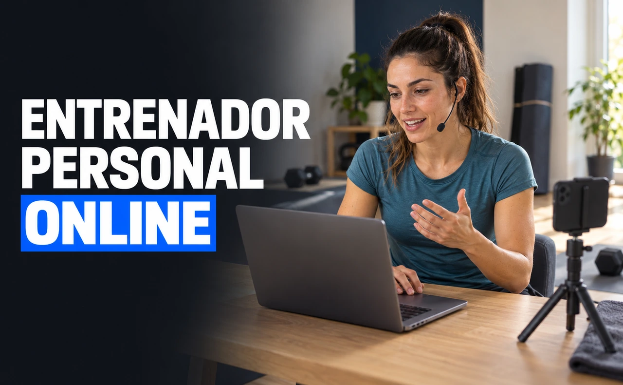 Joven deportista con auriculares y micrófono frente a un portátil y un móvil sobre trípode, con el titular «Entrenador personal online».