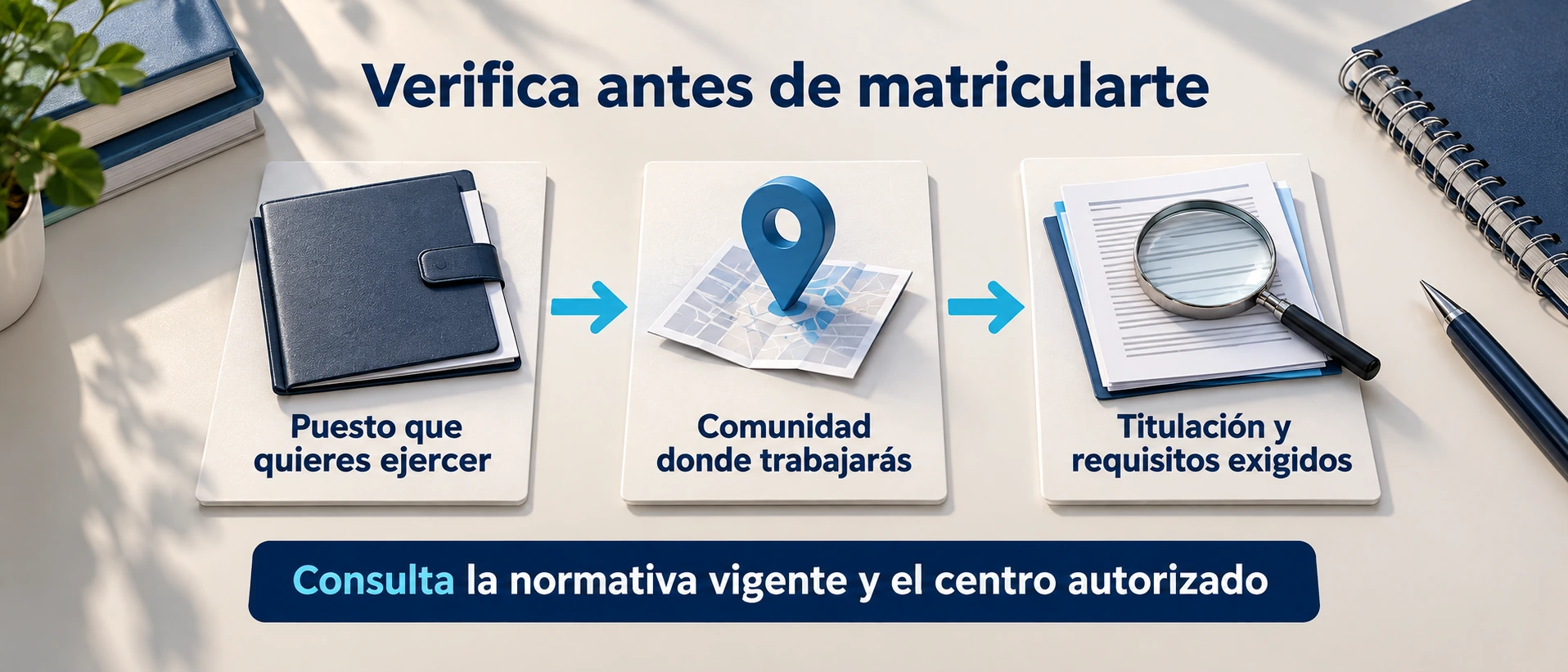 Proceso para comprobar los requisitos profesionales según el puesto deseado, la comunidad autónoma y la titulación exigida.