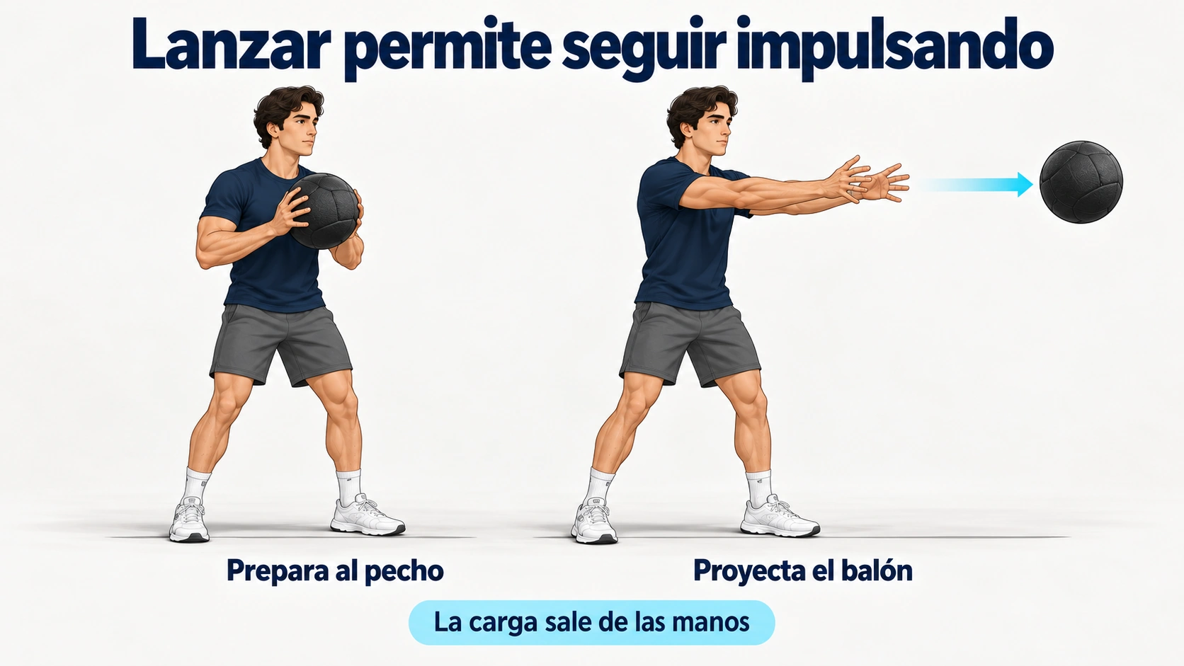 Secuencia de lanzamiento de balón medicinal desde el pecho, con preparación y liberación de la carga