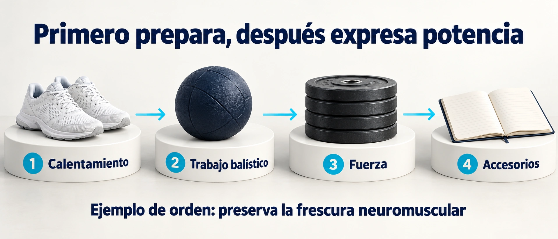 Ejemplo de orden de sesión con calentamiento, trabajo balístico, fuerza y accesorios