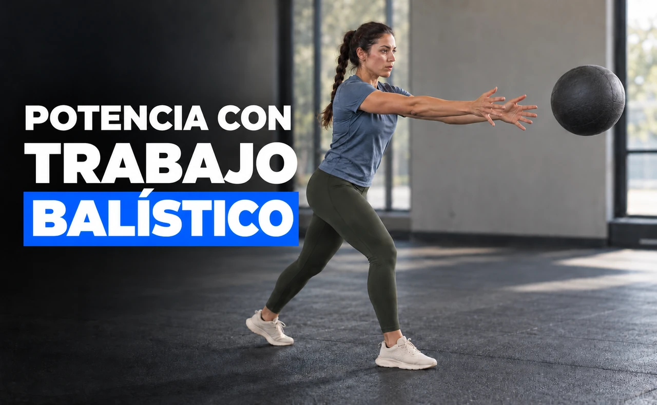 Deportista joven lanzando un balón medicinal desde el pecho en una sala de entrenamiento, con el titular «Potencia con trabajo balístico».