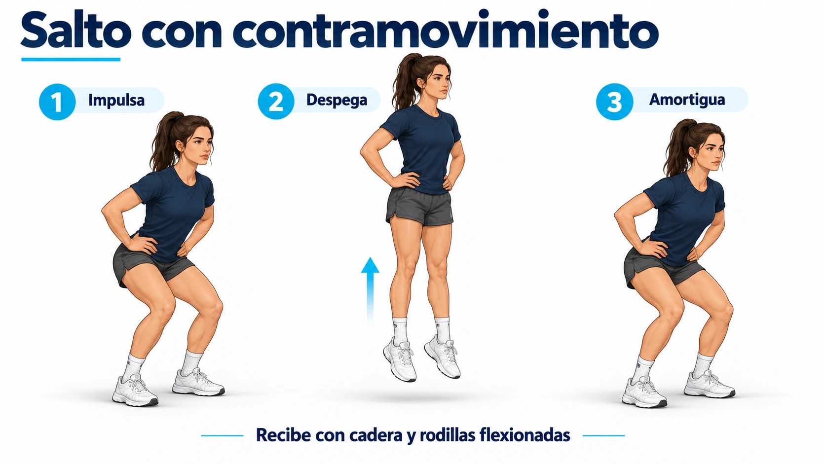 Salto con contramovimiento en tres fases: impulso, vuelo y recepción con cadera y rodillas flexionadas