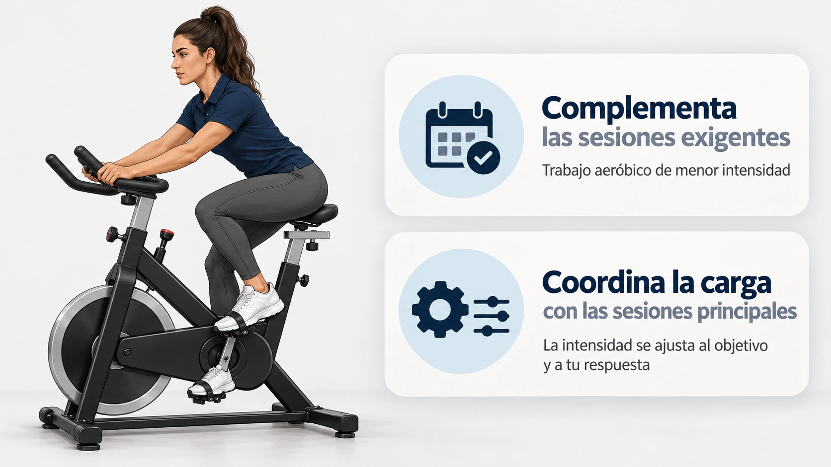 Entrenadora pedaleando en bicicleta estática como trabajo aeróbico complementario coordinado con las sesiones principales