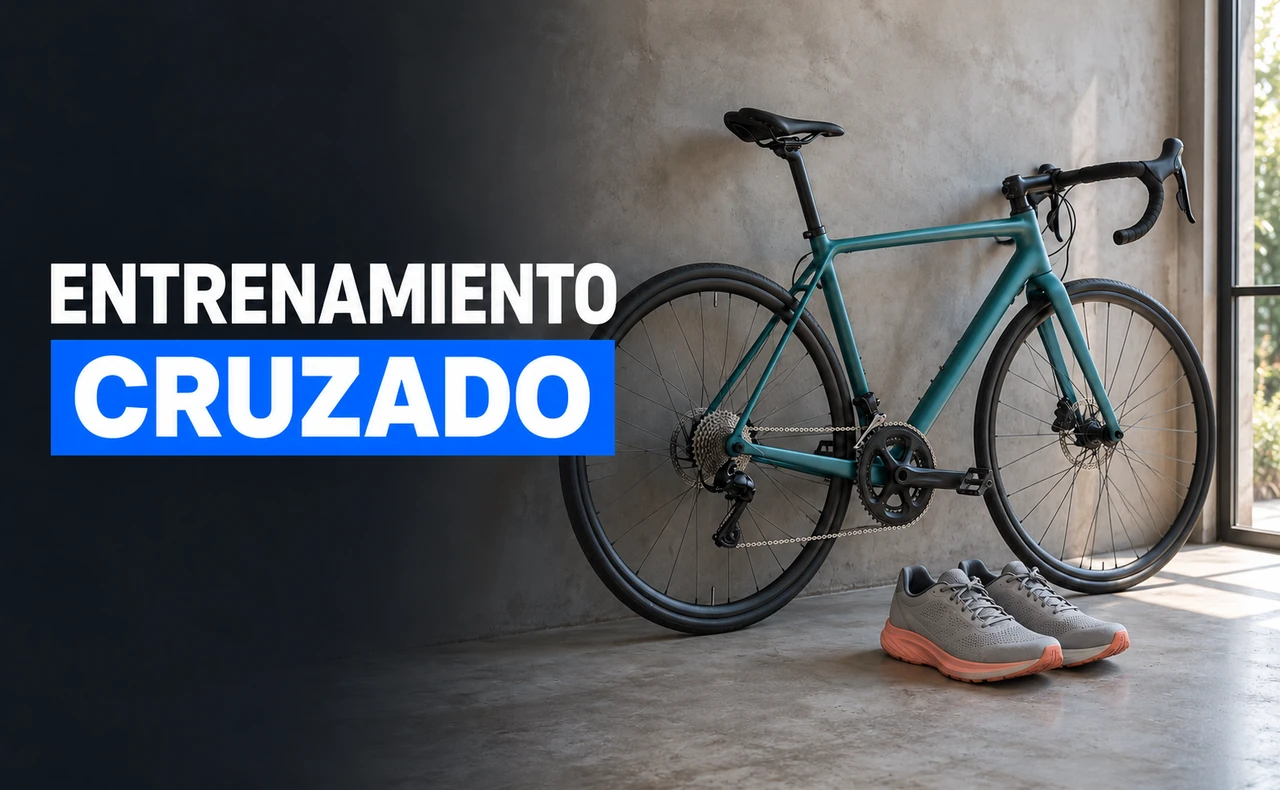 Bicicleta de carretera junto a un par de zapatillas de running, con el titular «Entrenamiento cruzado».