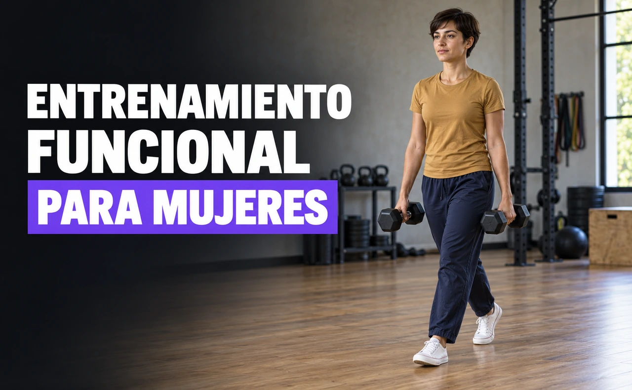 Deportista joven realizando un acarreo con dos mancuernas, junto al titular «Entrenamiento funcional para mujeres».