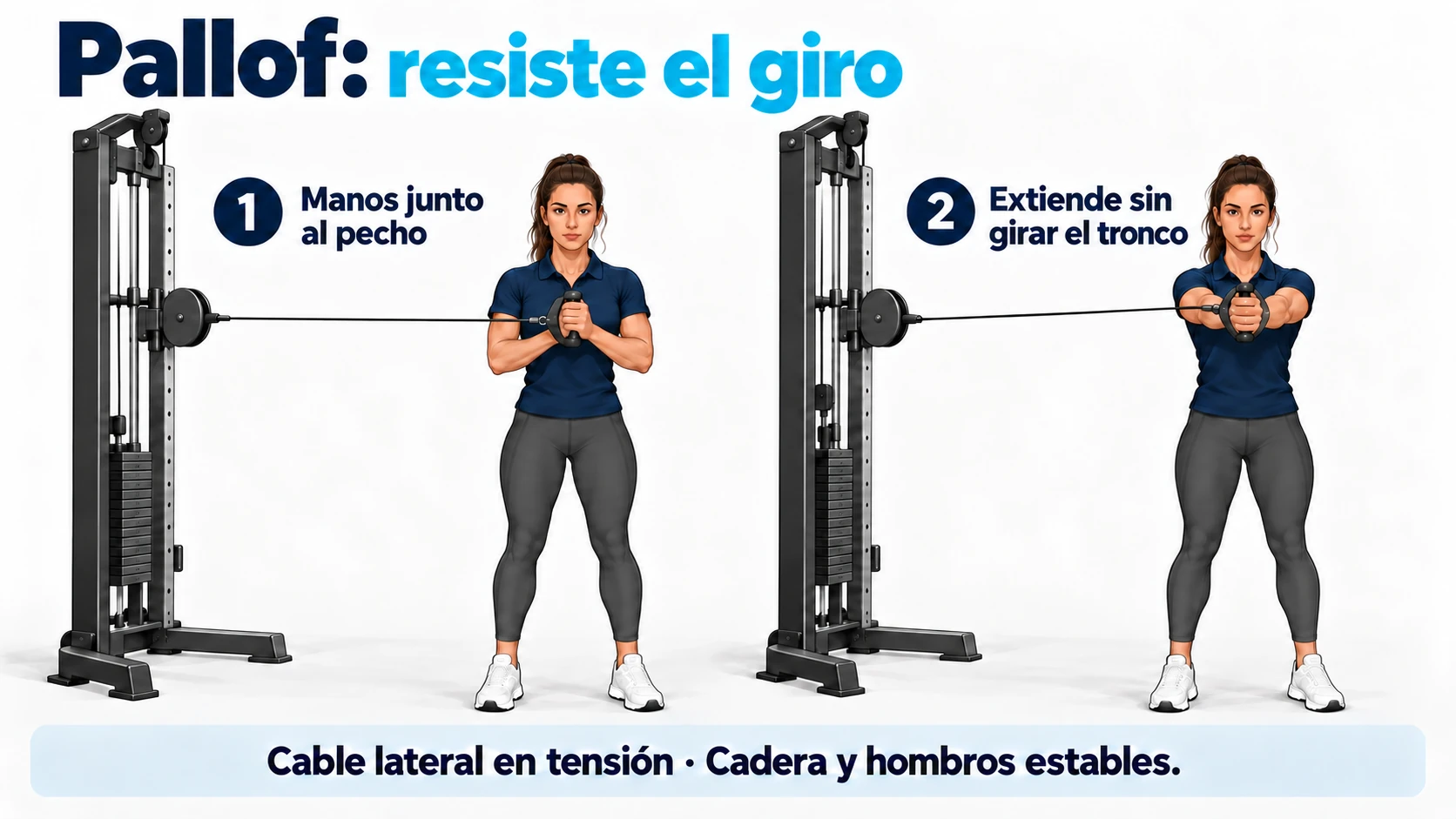 Dos fases del press Pallof con cable lateral en tensión y extensión de los brazos sin girar el tronco.