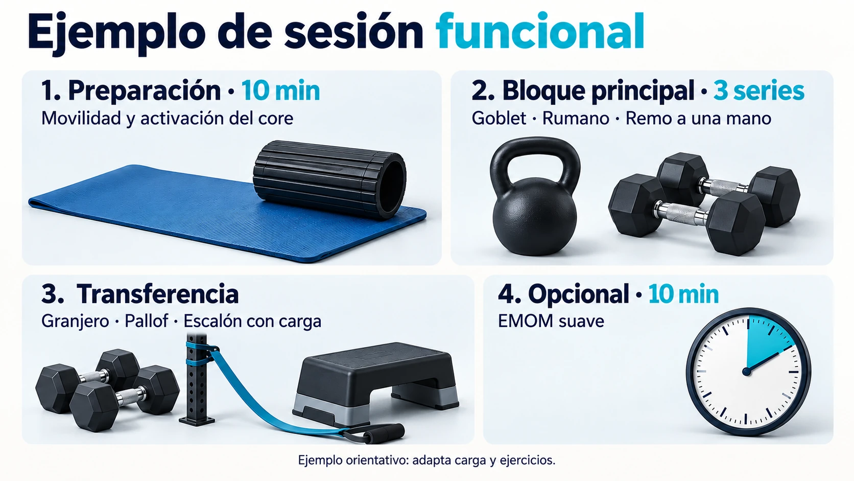 Sesión orientativa de entrenamiento funcional con preparación, bloque principal, transferencia y EMOM opcional.