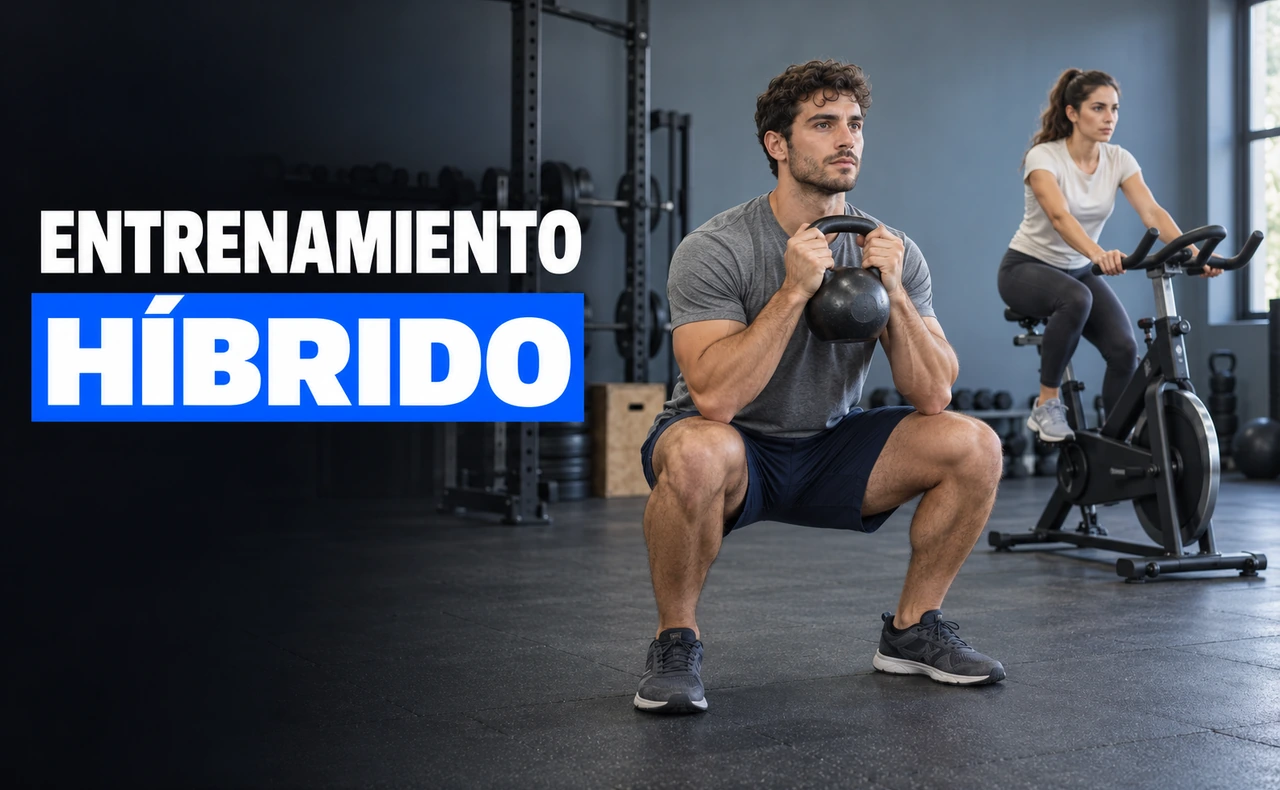 Un deportista realiza una sentadilla goblet con pesa rusa y una deportista pedalea en una bicicleta estática, junto al titular «Entrenamiento híbrido».