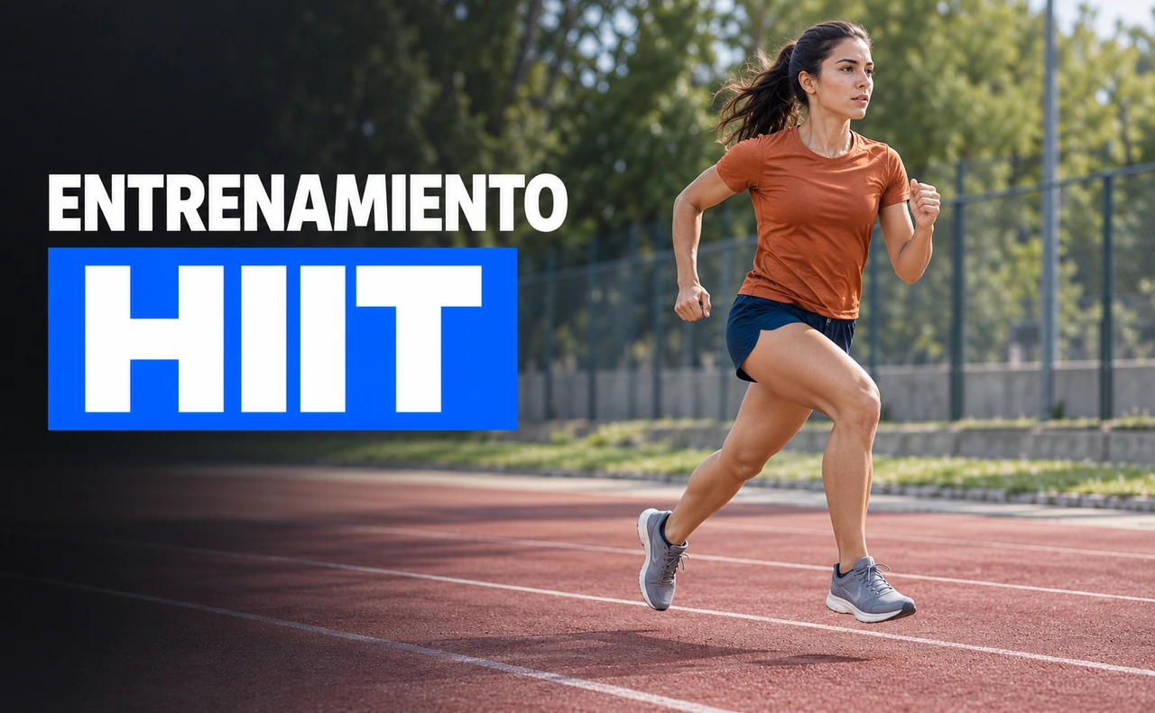 Mujer joven corriendo en una pista de atletismo al aire libre, junto al titular «Entrenamiento HIIT».