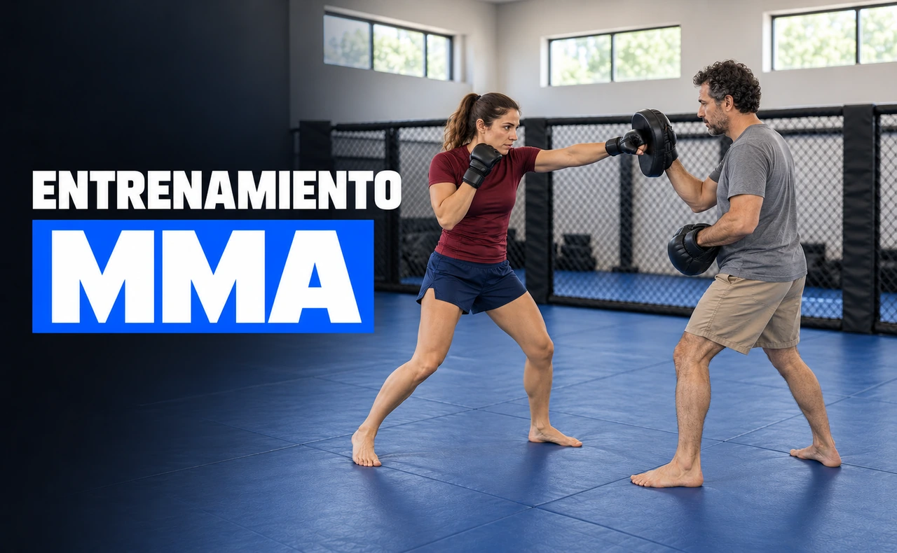 Mujer con guantes de MMA practicando un golpe recto a una manopla sostenida por un compañero en un gimnasio, junto al titular «Entrenamiento MMA».