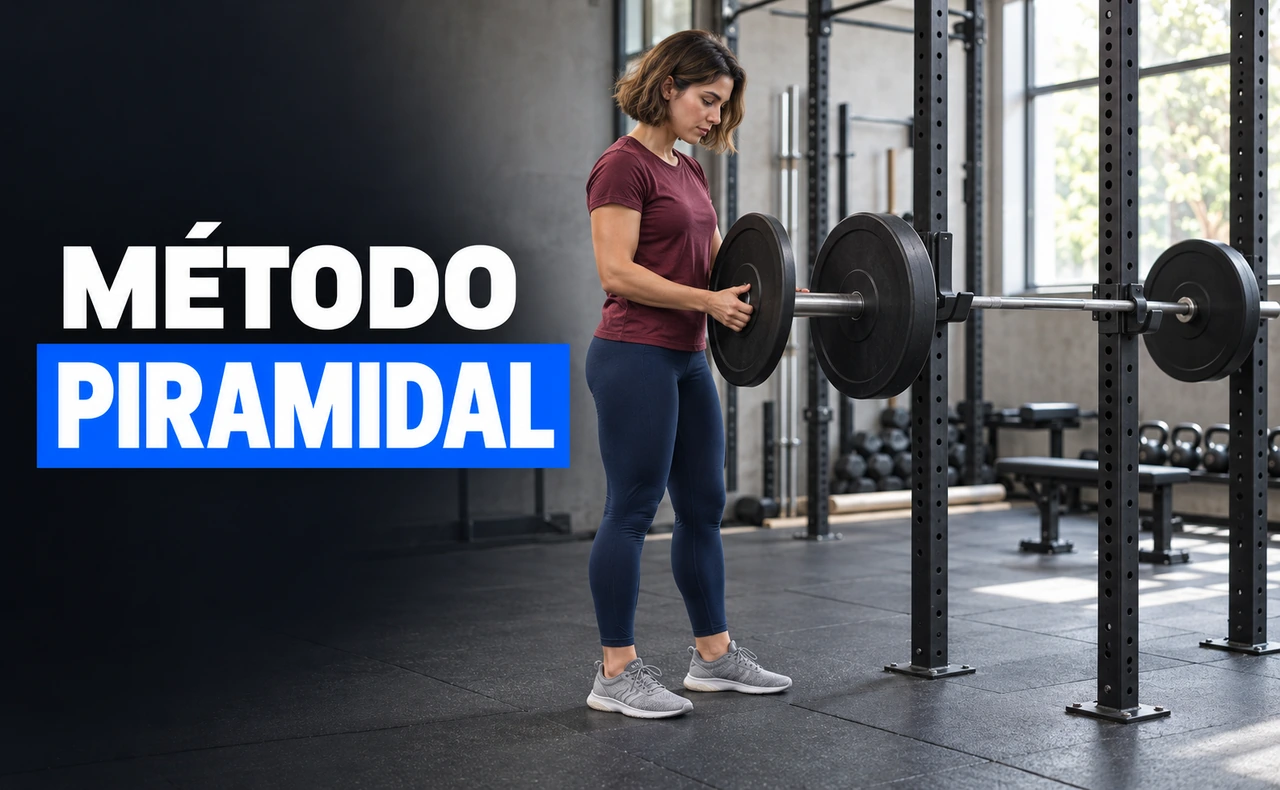 Mujer joven y atlética ajustando los discos de una barra apoyada en un soporte entre series, junto al titular «Método piramidal».