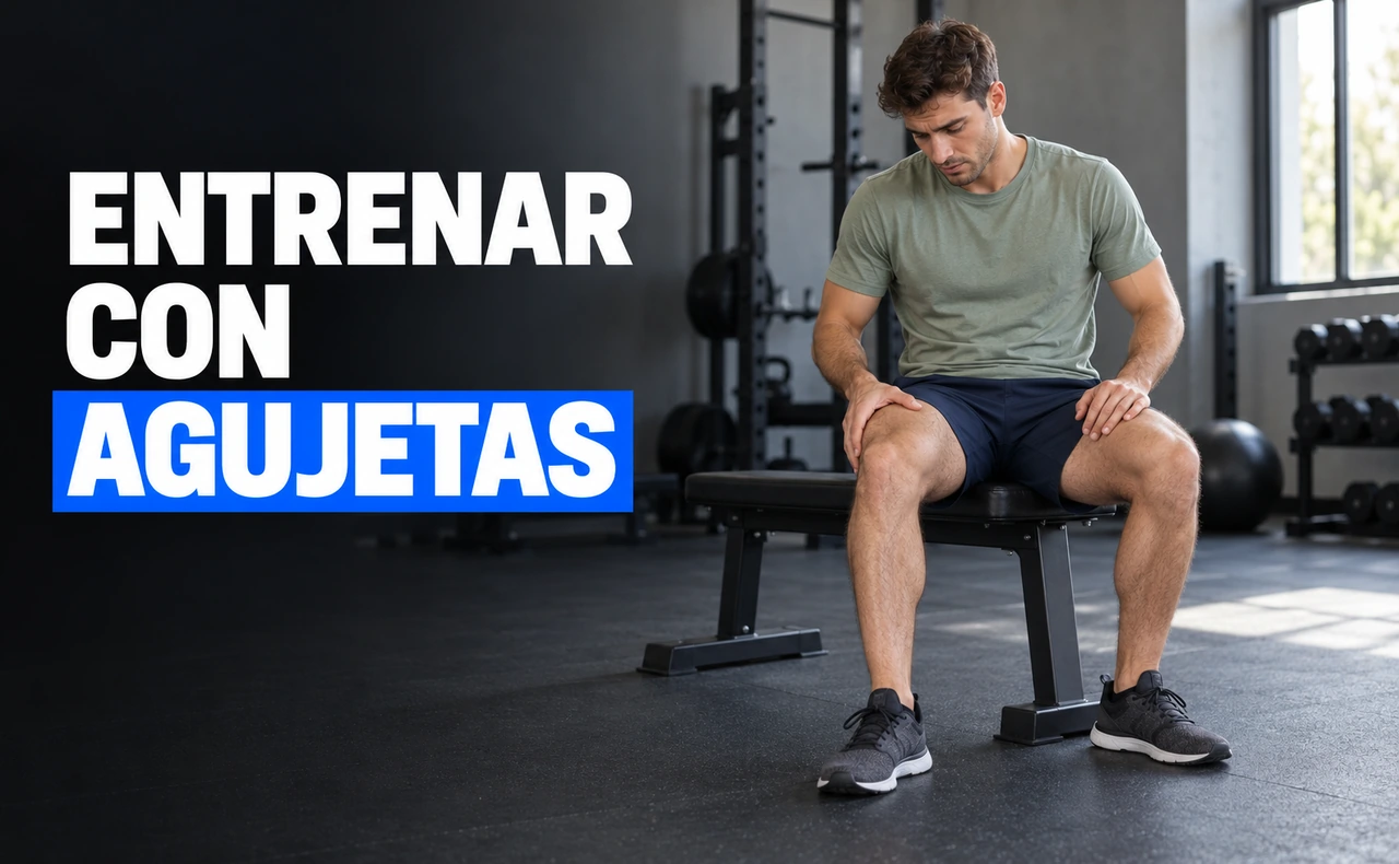 Deportista joven sentado en un banco de gimnasio con las manos sobre los muslos, junto al titular «Entrenar con agujetas».