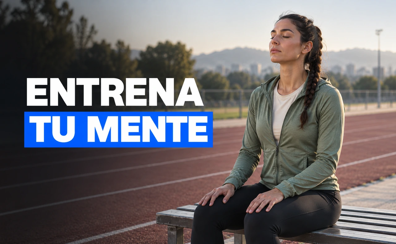 Deportista joven sentada junto a una pista de atletismo, con los ojos cerrados durante una pausa de concentración, junto al titular «Entrena tu mente».
