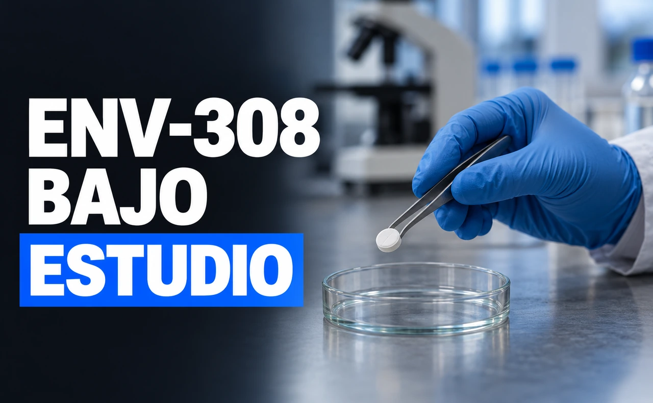 Mano con guante y pinzas sobre una placa de laboratorio, junto al titular «ENV-308 bajo estudio».