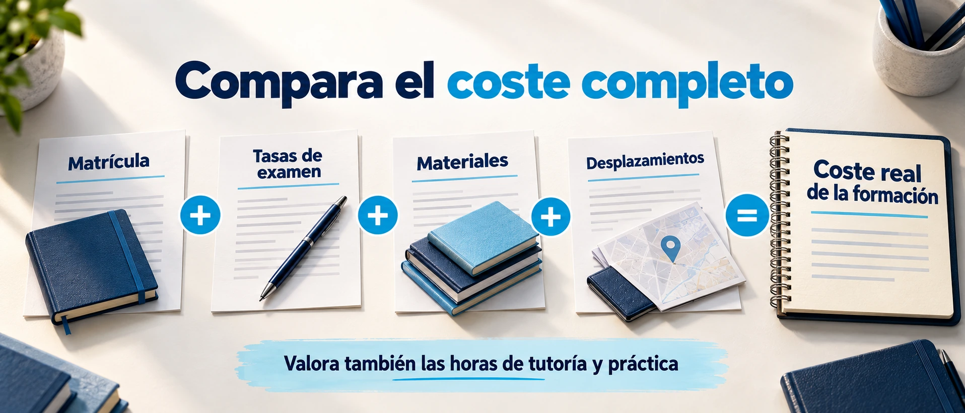 Componentes del coste total de una formación: matrícula, tasas de examen, materiales y desplazamientos, junto al valor de tutorías y práctica.