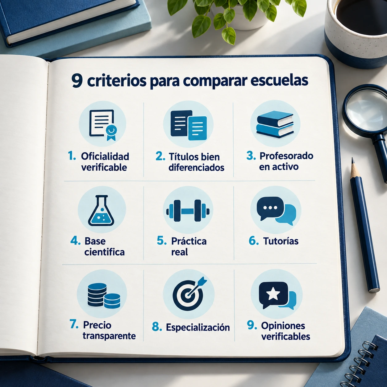 Nueve criterios para comparar escuelas de entrenadores: oficialidad, títulos, profesorado, ciencia, práctica, tutorías, precio, especialización y opiniones.