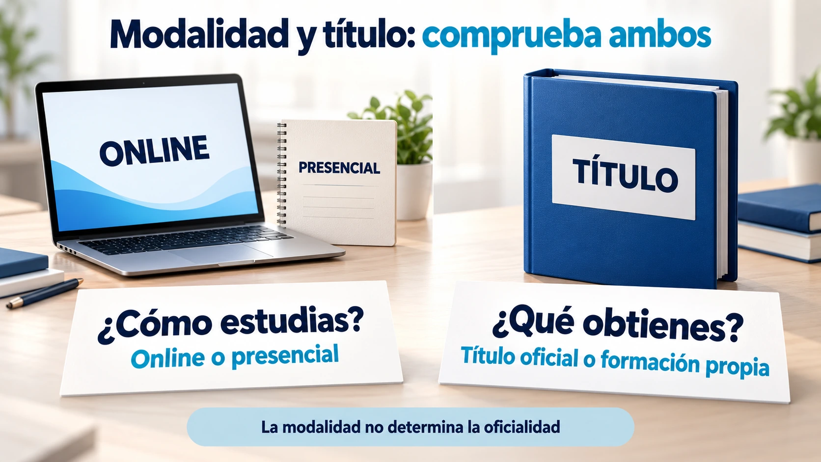Diferencia entre la modalidad online o presencial y el tipo de título oficial o propio que se obtiene.