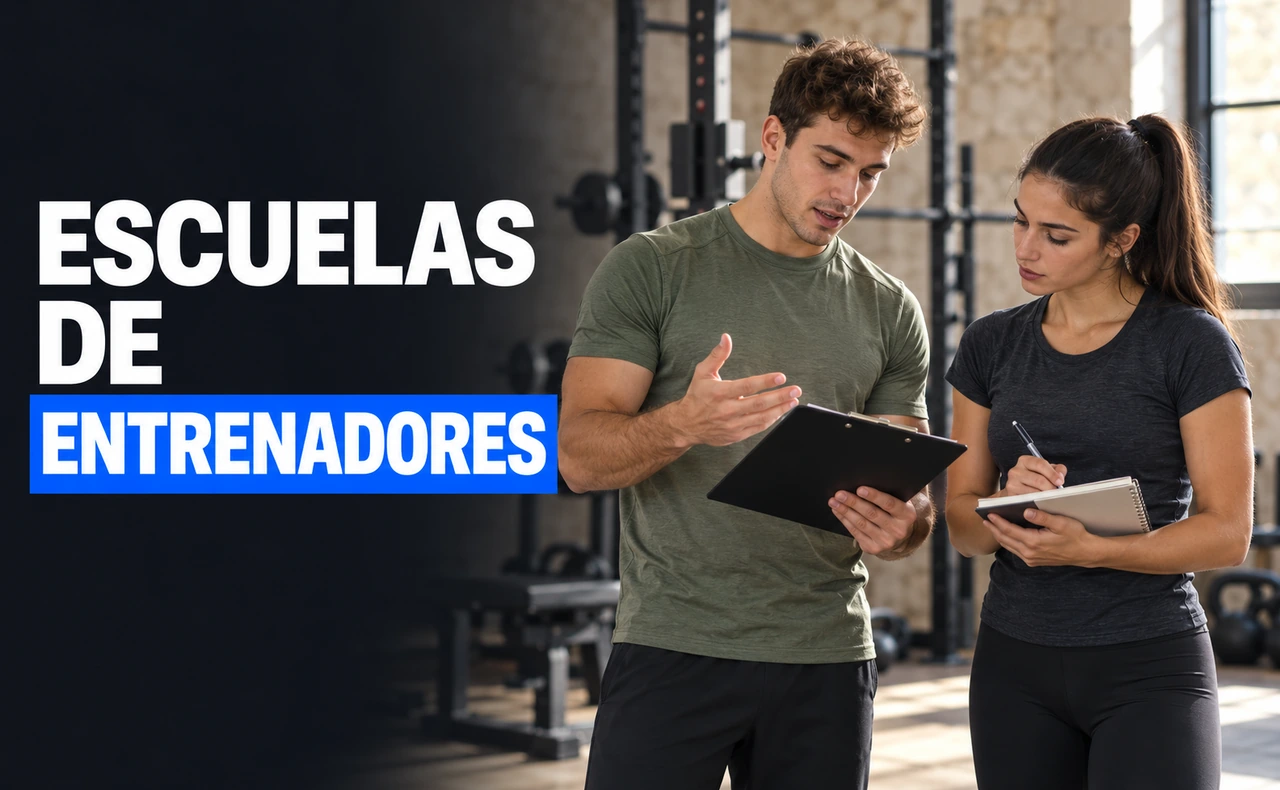Dos jóvenes con ropa deportiva revisando una carpeta y tomando apuntes en un gimnasio. Titular: «Escuelas de entrenadores».