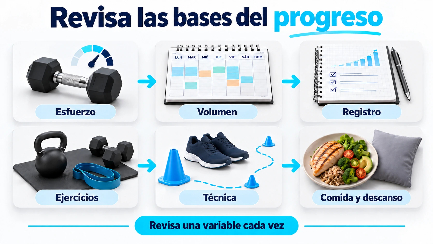 Ruta de revisión del esfuerzo, volumen, registro, selección de ejercicios, técnica, alimentación y descanso.
