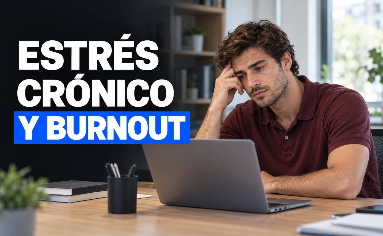 Hombre joven sentado ante un portátil con una mano en la sien, junto al titular «Estrés crónico y burnout».