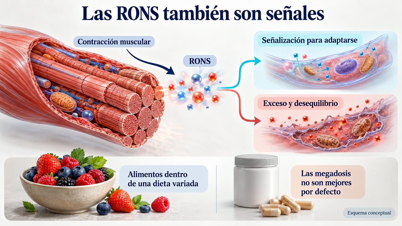 Esquema de las especies reactivas producidas durante la contracción muscular y su papel en la señalización y el estrés oxidativo.