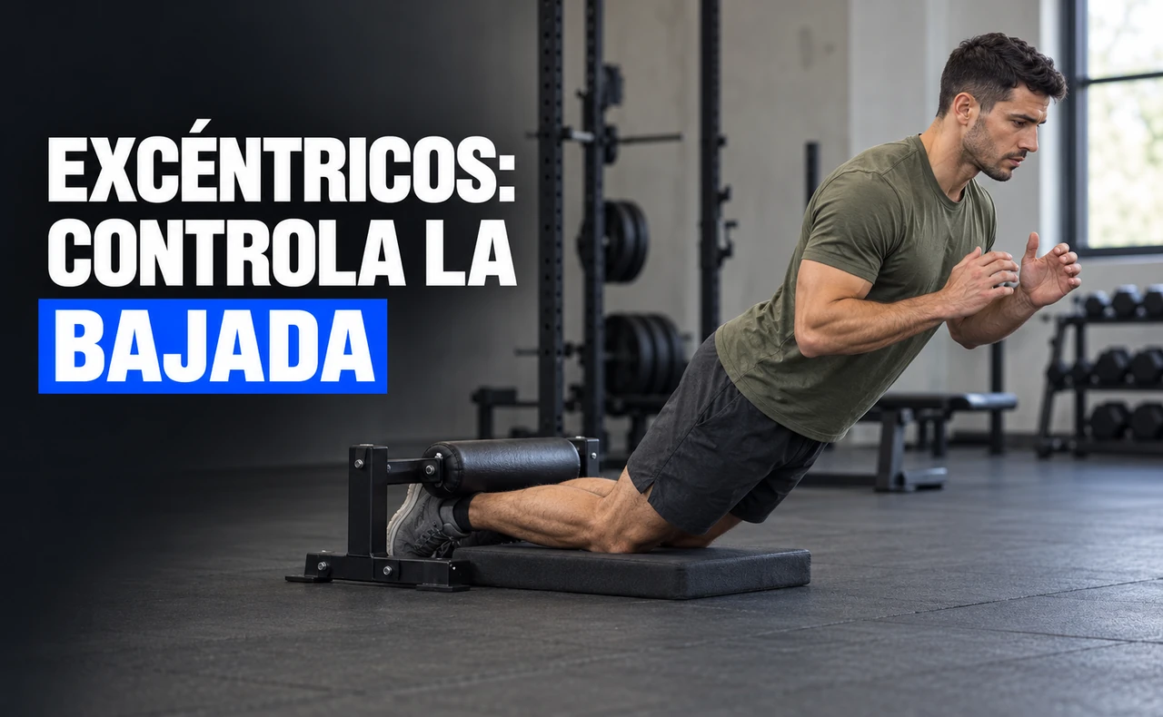 Deportista joven inclinado hacia delante durante un curl nórdico con los tobillos sujetos, con el titular «Excéntricos: controla la bajada».