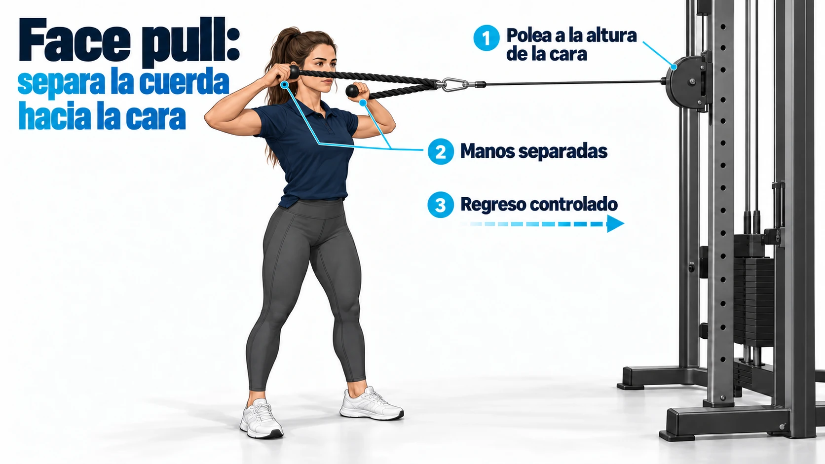 Face pull con polea a la altura de la cara y manos que separan los extremos de la cuerda