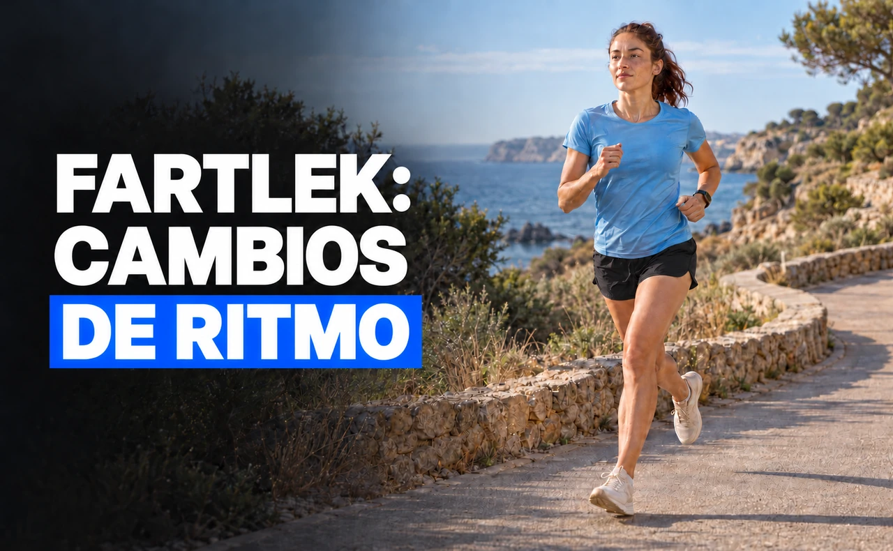 Corredora joven con camiseta azul y pantalón negro en un camino junto a la costa, con el titular «Fartlek: cambios de ritmo».