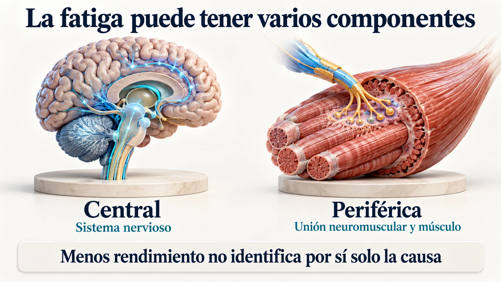 Esquema de las contribuciones centrales y periféricas a la fatiga, sin atribuir una caída de rendimiento a una única causa.