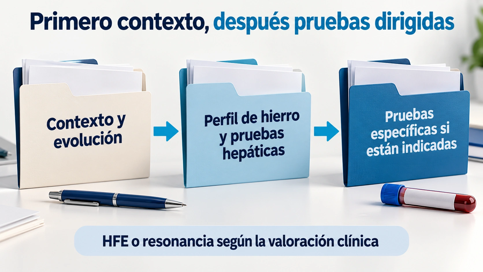El estudio de ferritina alta avanza desde el contexto y la analítica hacia pruebas específicas cuando están indicadas