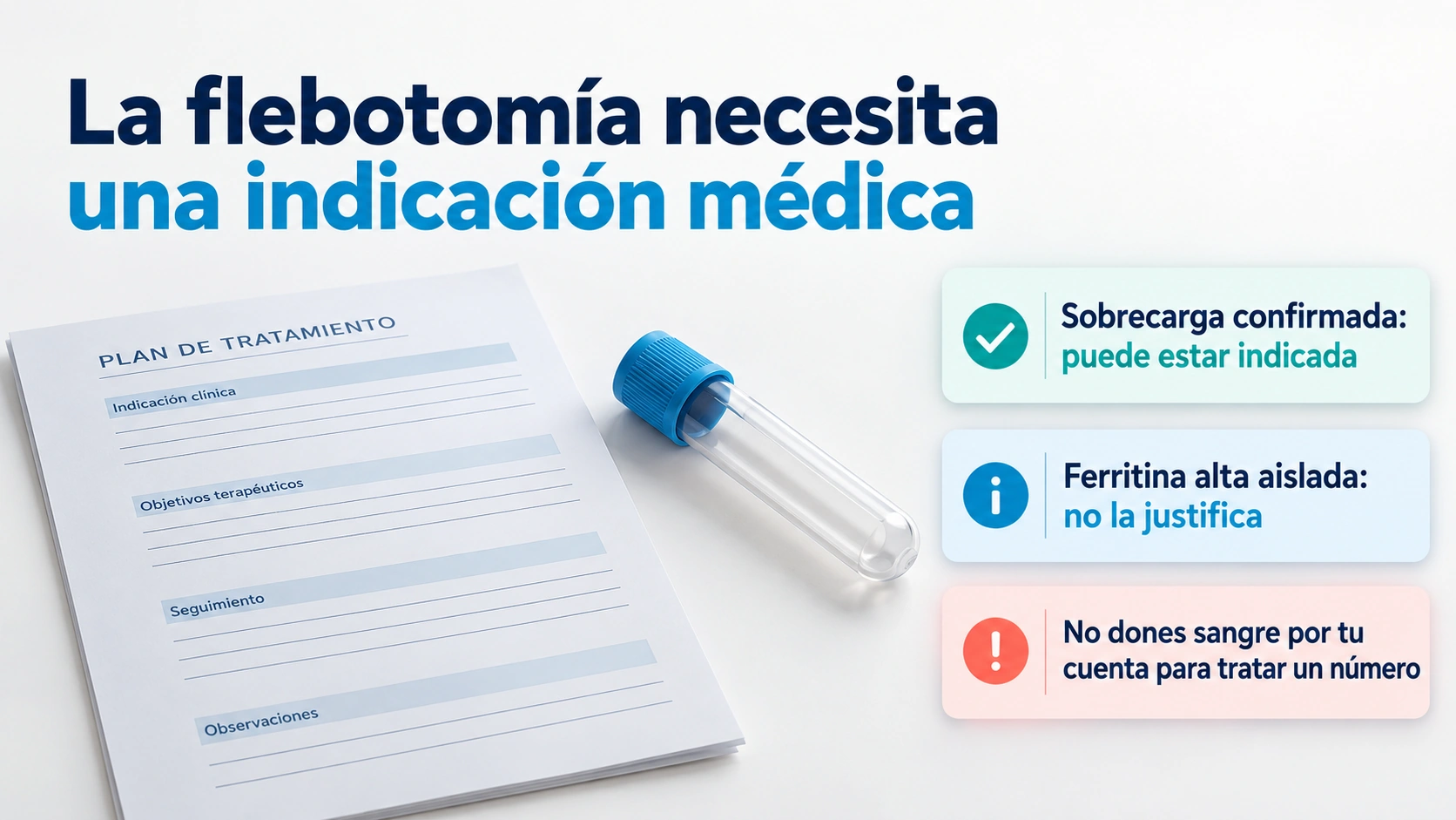 La flebotomía requiere valorar una sobrecarga de hierro real y una pauta médica