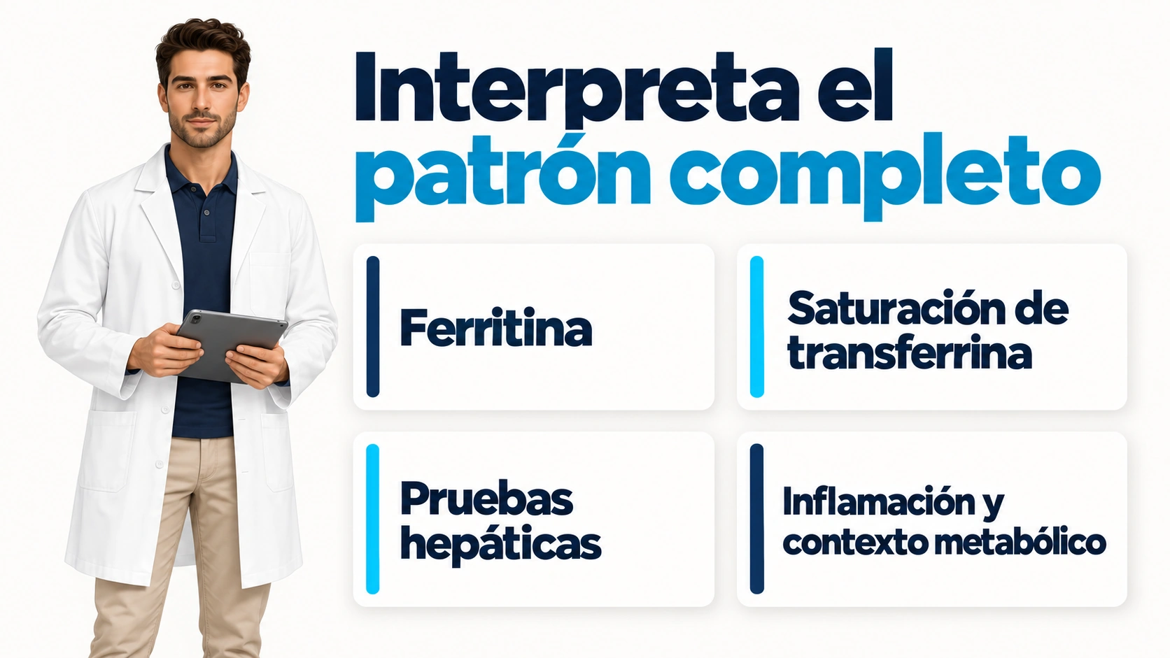 Ferritina, saturación de transferrina y contexto hepático e inflamatorio se interpretan juntos