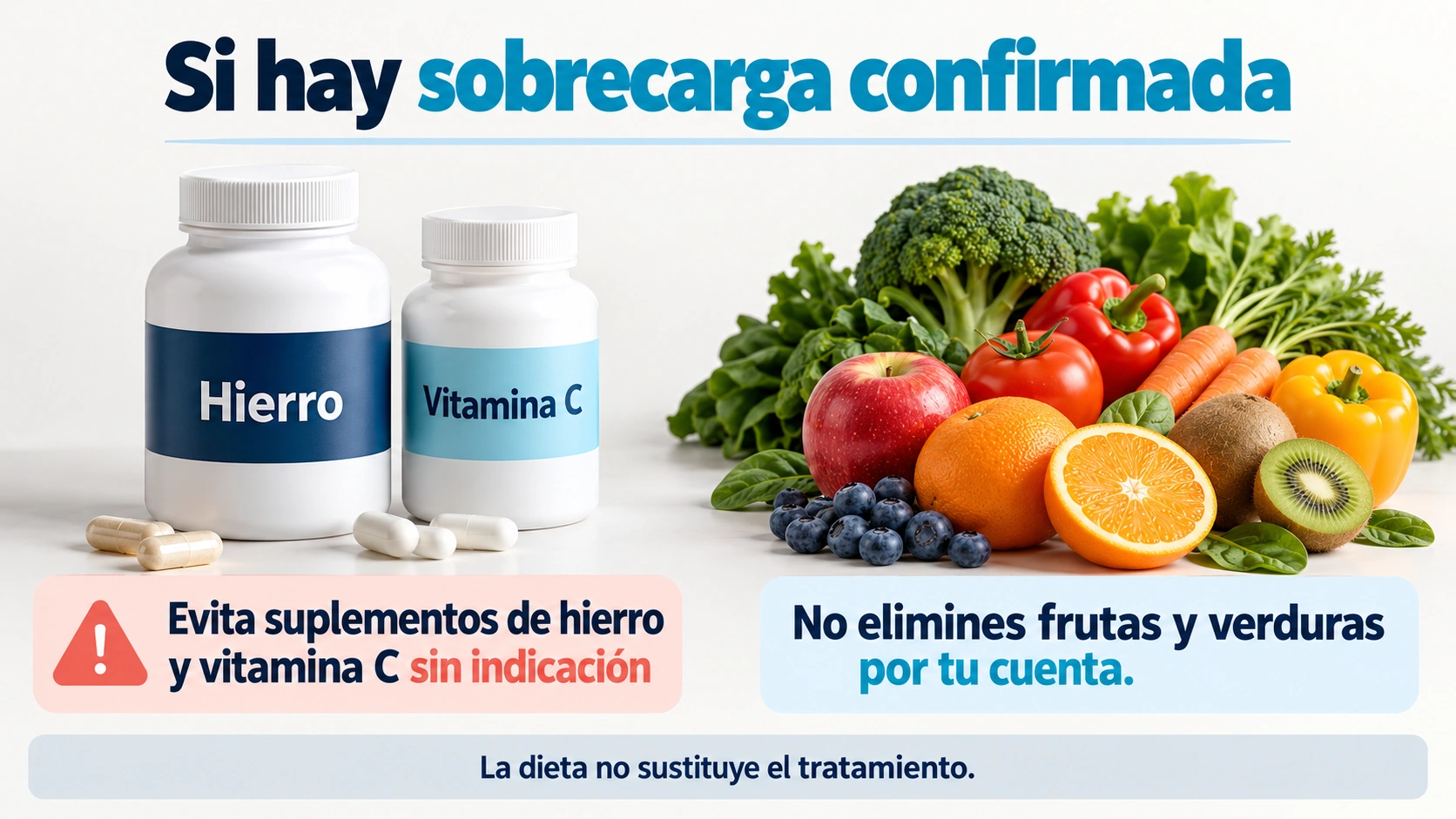 En la sobrecarga confirmada se distinguen suplementos de hierro o vitamina C de los alimentos habituales