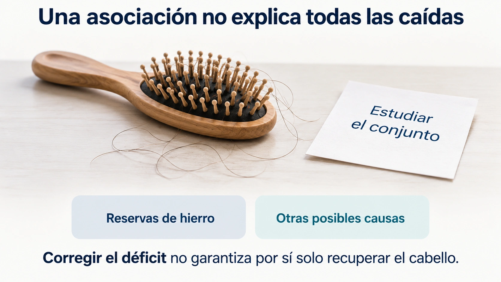 Asociación entre ferritina baja y caída del cabello sin asumir una causa única ni garantizar recuperación