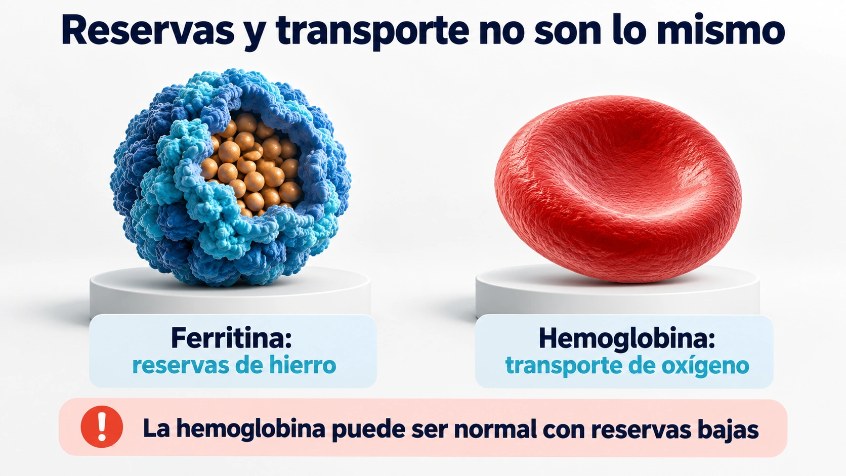 Diferencia entre reservas de hierro y transporte de oxígeno al interpretar ferritina y hemoglobina