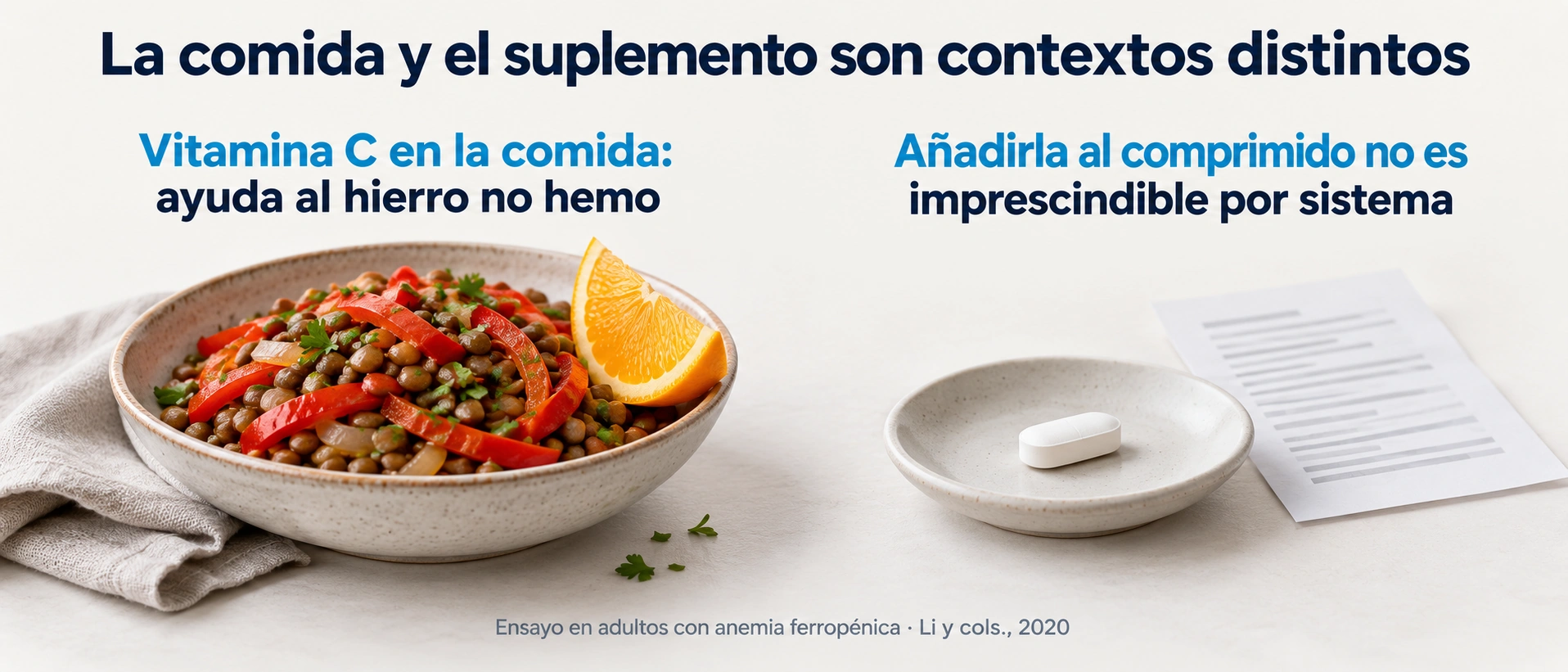Diferencia entre combinar alimentos vegetales con vitamina C y añadir vitamina C al suplemento de hierro