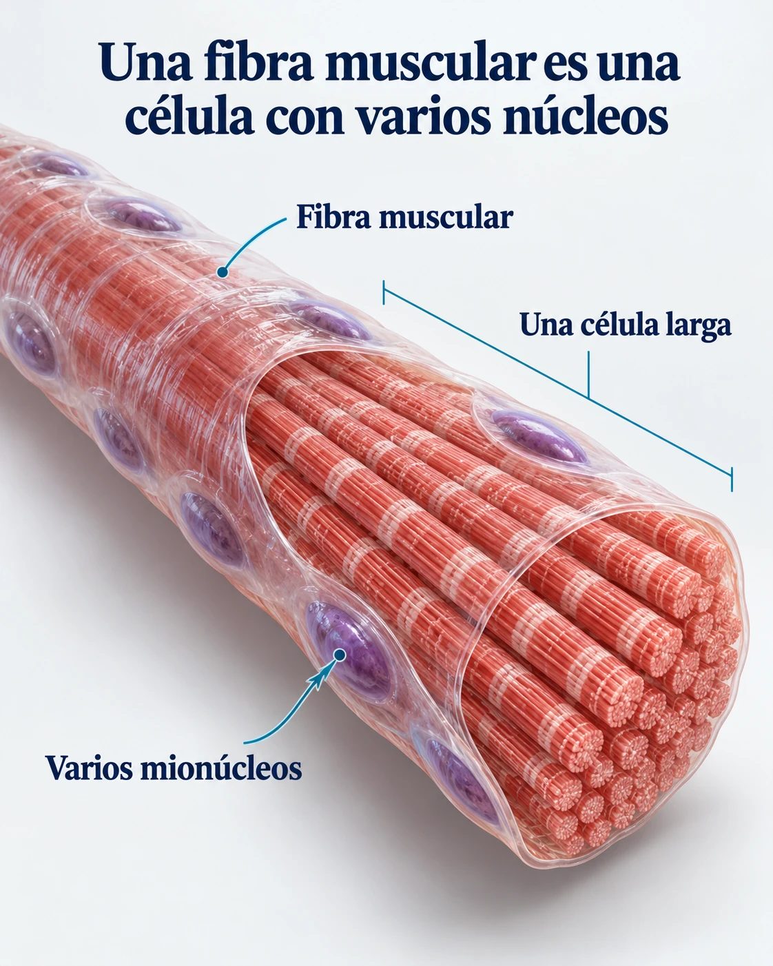 Fibra muscular esquelética con miofibrillas y varios mionúcleos periféricos bajo su membrana.