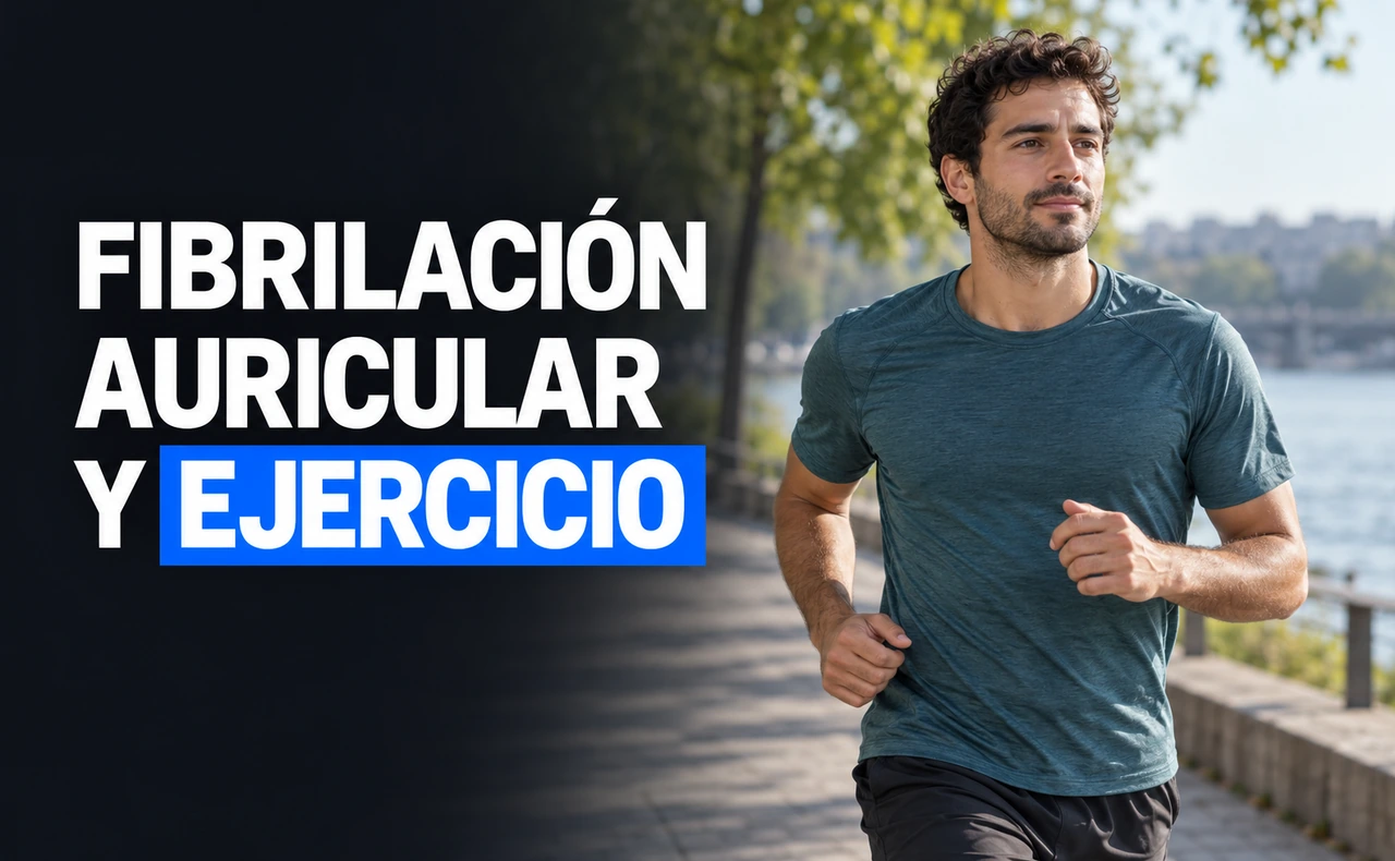 Hombre con camiseta azul verdosa corriendo junto al río, con el titular «Fibrilación auricular y ejercicio».