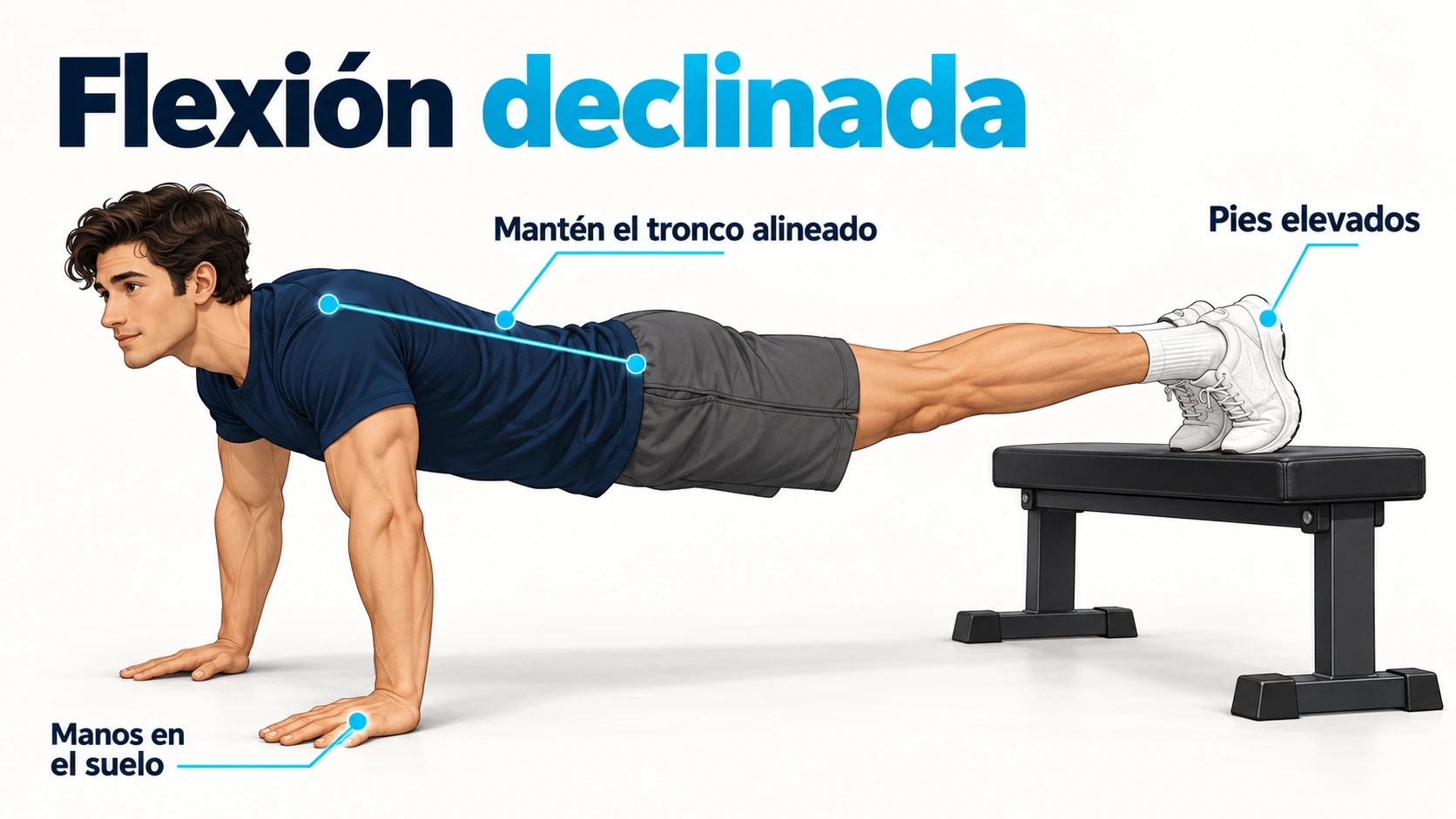 Flexión declinada con pies sobre un banco, manos en el suelo y tronco alineado.