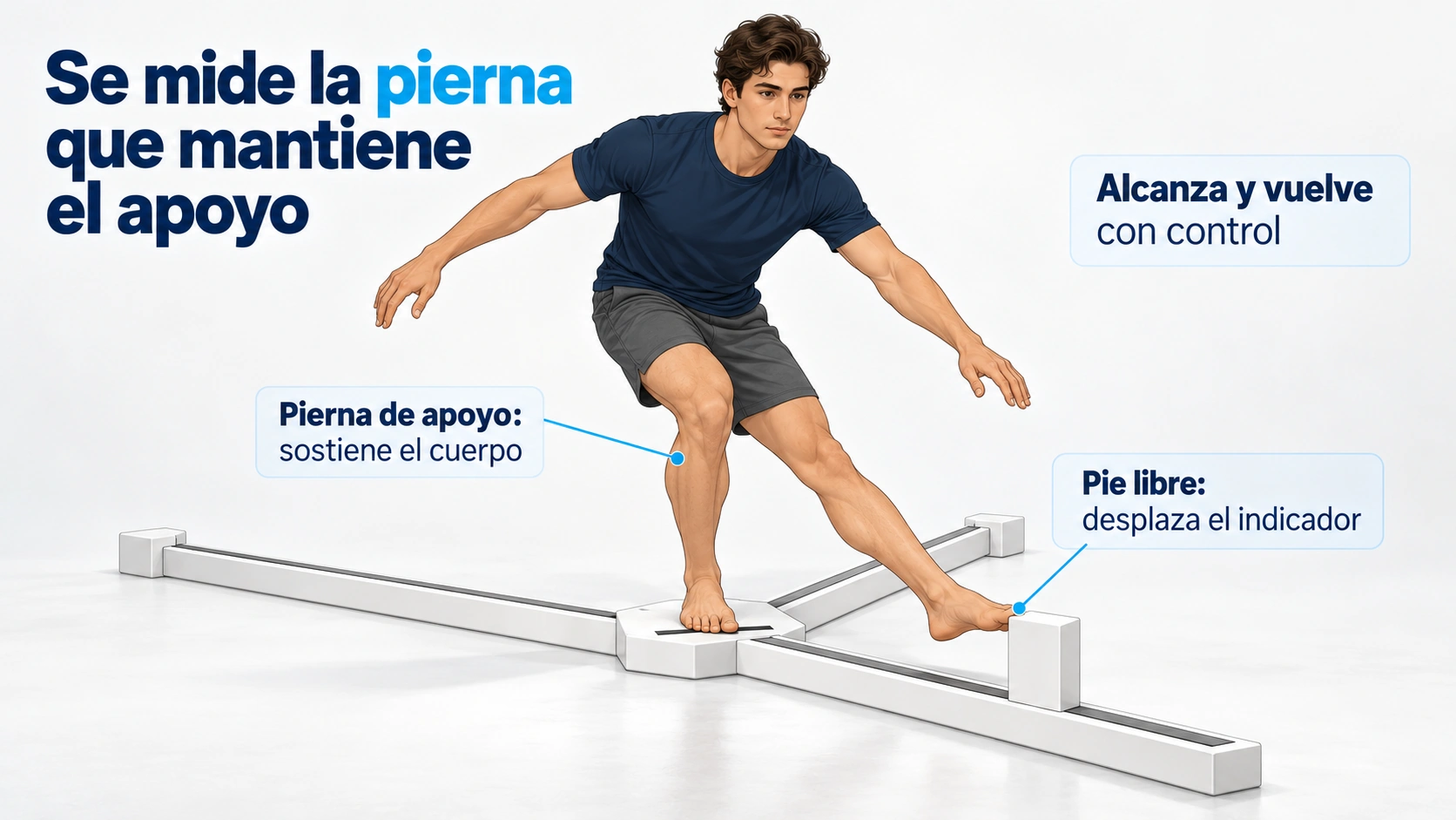 En el YBT-LQ una pierna sostiene el cuerpo mientras el pie libre desplaza el indicador.