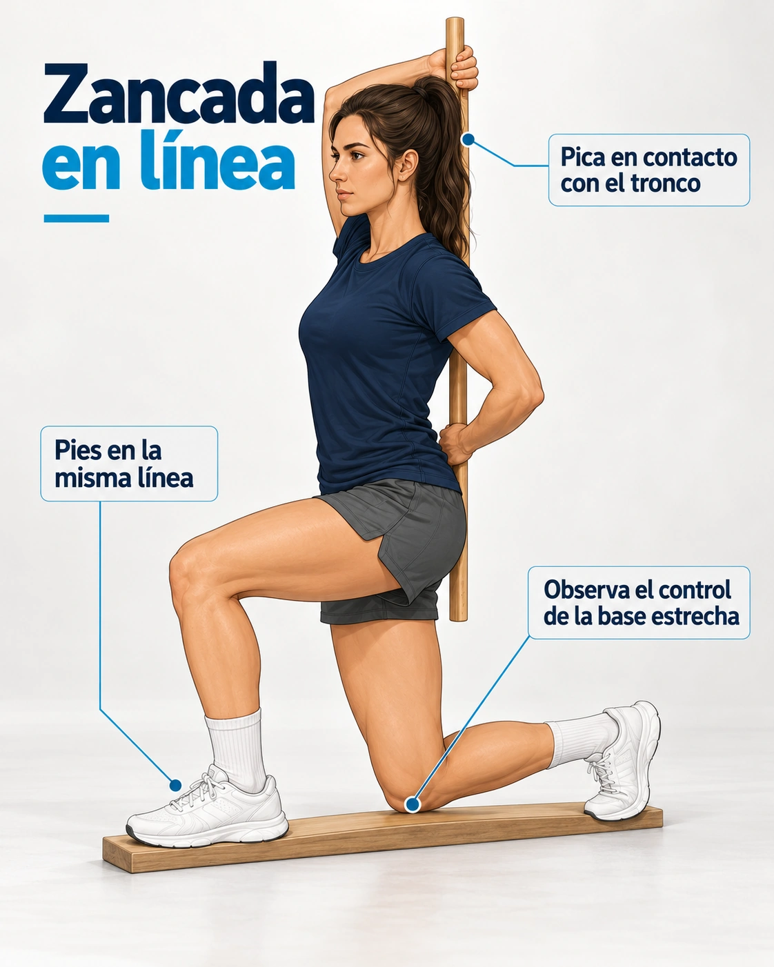 La base estrecha permite observar movilidad y control en una postura de zancada.